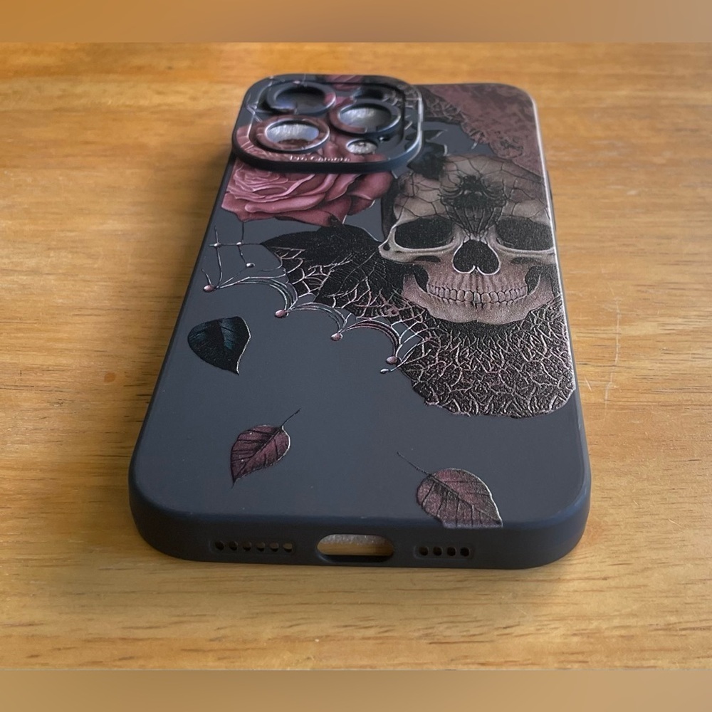 Black Skull and Flower Phone Case Available for iPhone 13 & iPhone 15 Pro Max - Picture 5 of 5